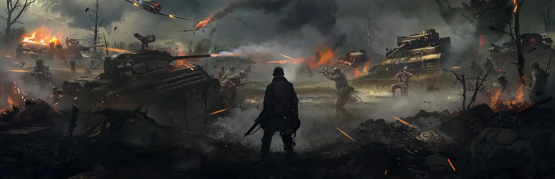 Hell Let Loose key art: a soldier on a burning battlefield